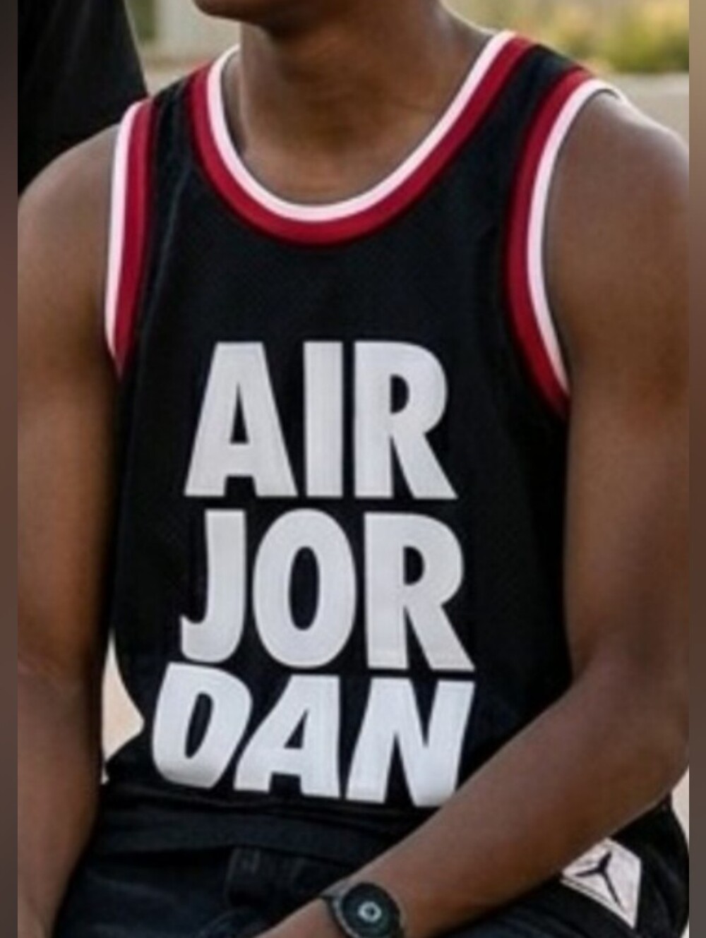 Jordan Black Mesh Tank with Red Trim and White AIR JORDAN Logo